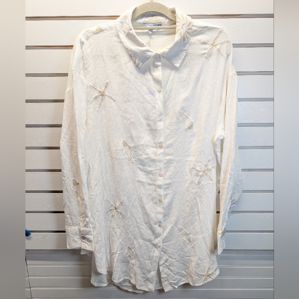 Blue Island Beach Seashell Embroidered Button Front Swim Coverup Size Large NWT